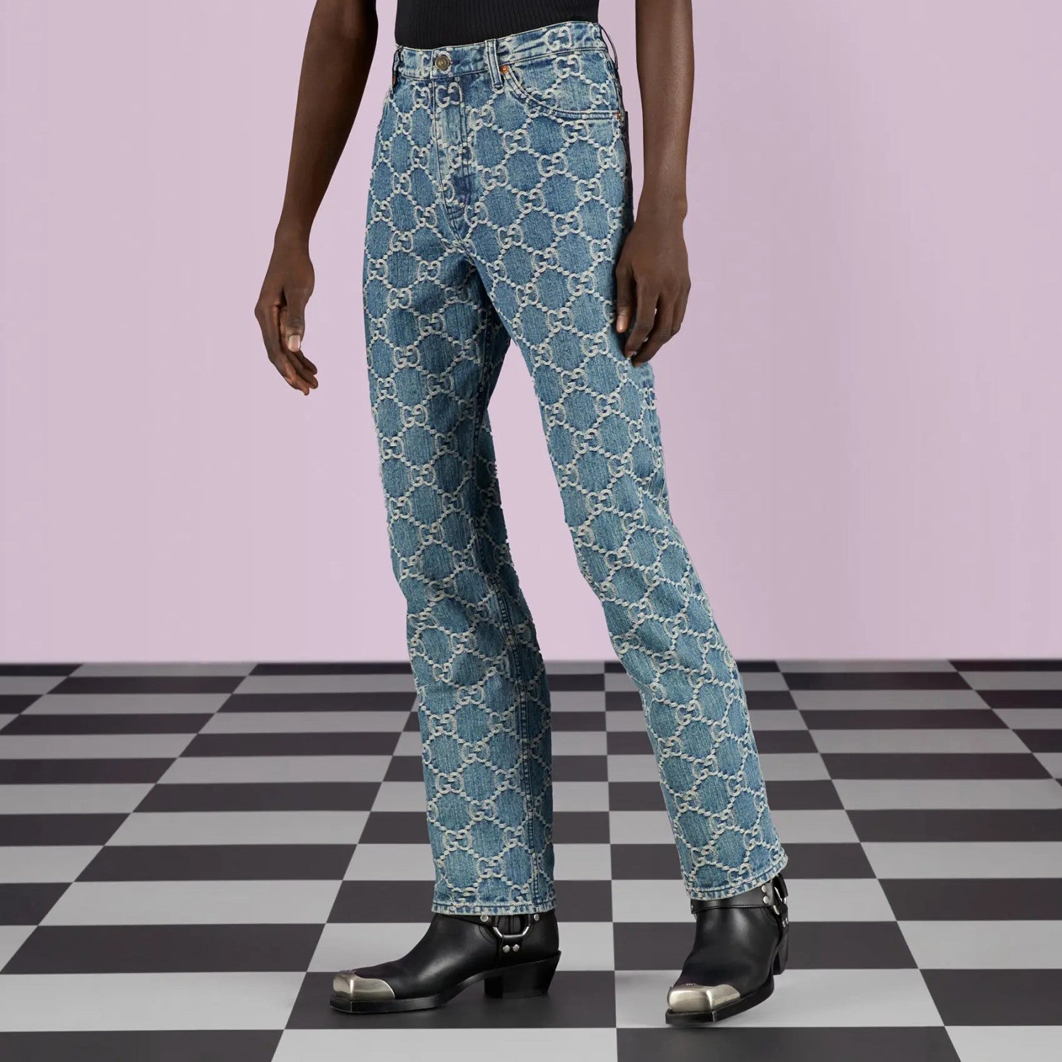 Men's Spring Autumn Blue Letter Print Jacquard Straight Zip Pocket Jeans Pants #99275