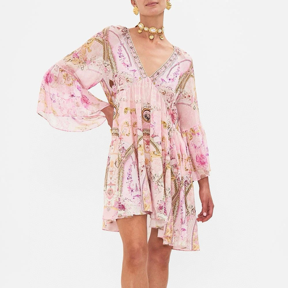 Camilla Women's Summer V-Neck Sexy Flared Sleeve Floral Printed Loose Silk Long Sleeve Dresses Ngvp #8823