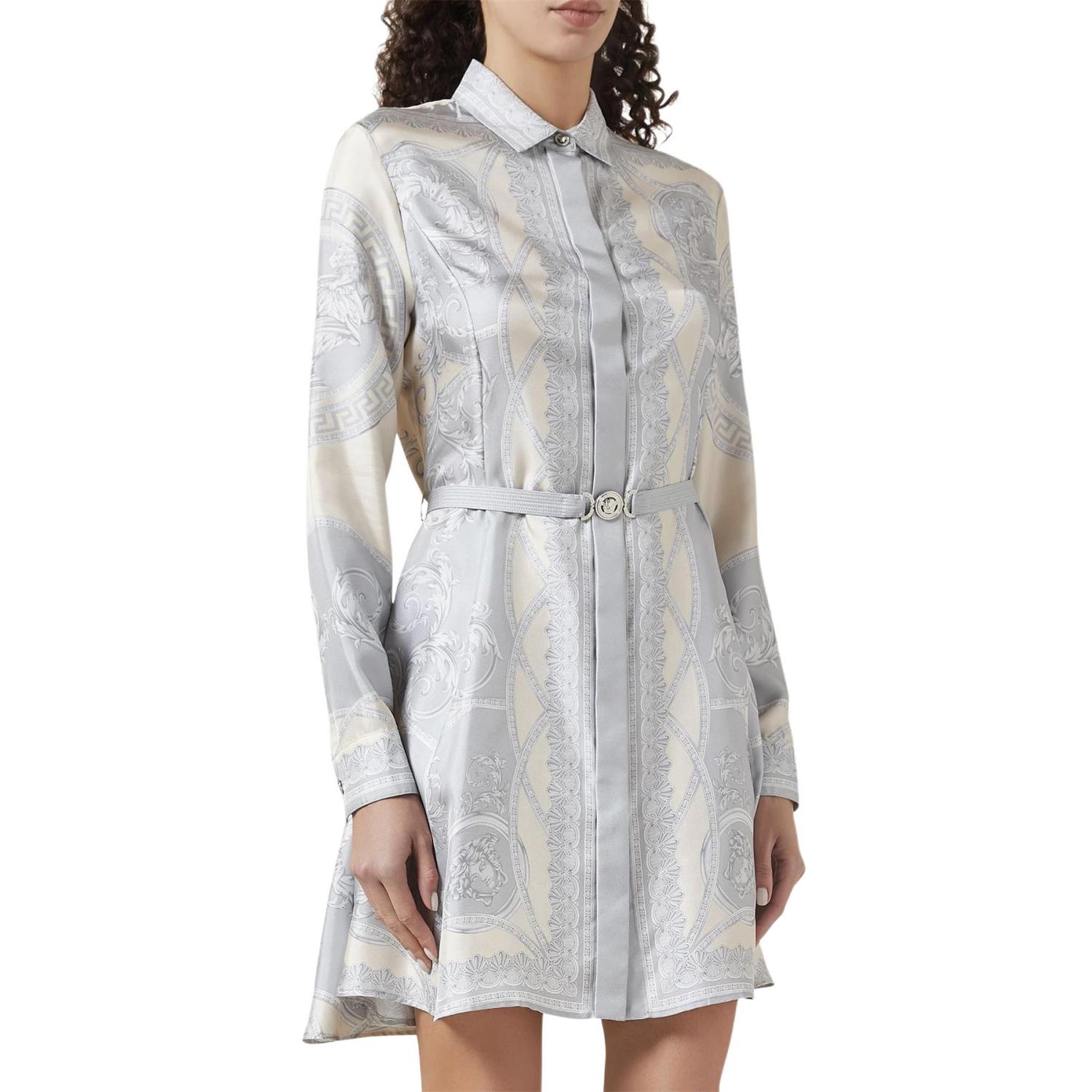 Versace Women's Summer Flip Ancient Greek Floral Pattern Long Sleeve Tunic Silk Dress #75227