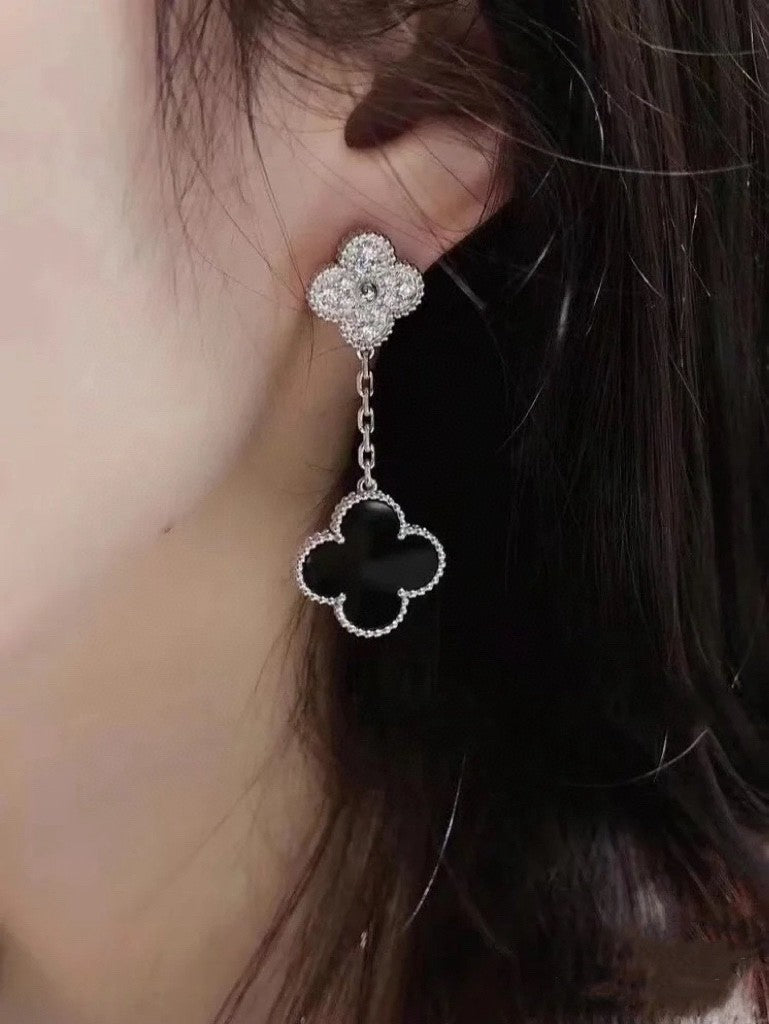 Women's Fashion Black Agate Clover V Gold Material Magic Alhambra Earrings Jewelry #71633