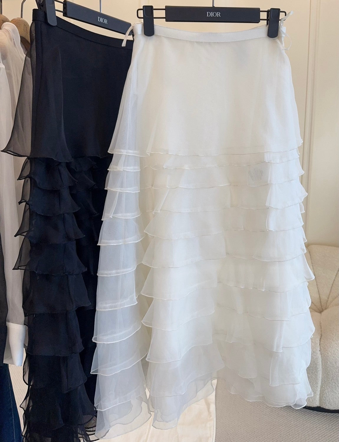 Women's Spring/summer Organza Ruffled Midi Skirt Black & White Solid Color Fashionable Elegant Delicate Skirt #82137A