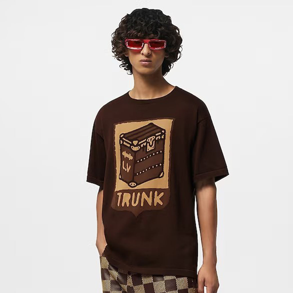 Men's Summer Brown Casual Short Sleeve Cotton Loose Intarsia Crewneck T-shirt #98224