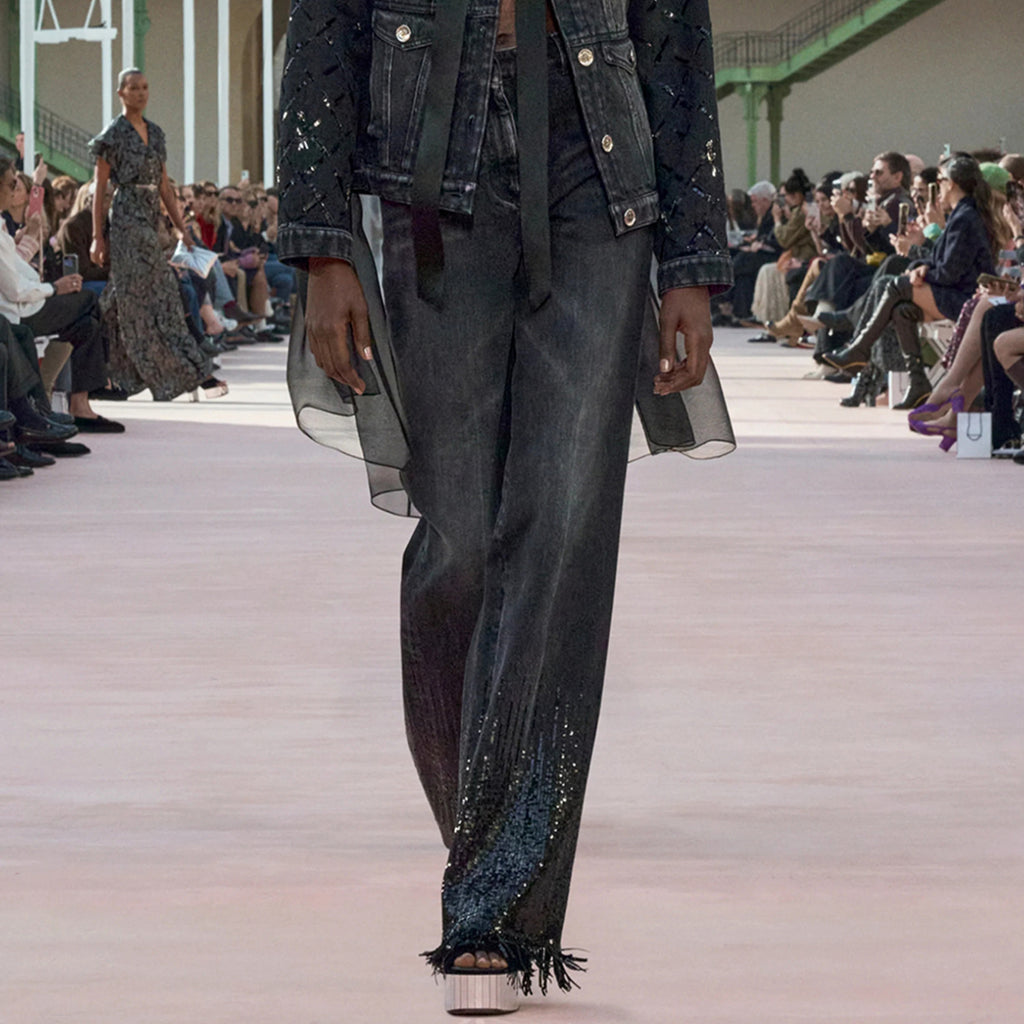 Women's Spring/summer Sequined Fringe Straight-leg Pants Black And White Denim Loose-fit Wide-leg  Long Pants Trousers Ngvp #2169