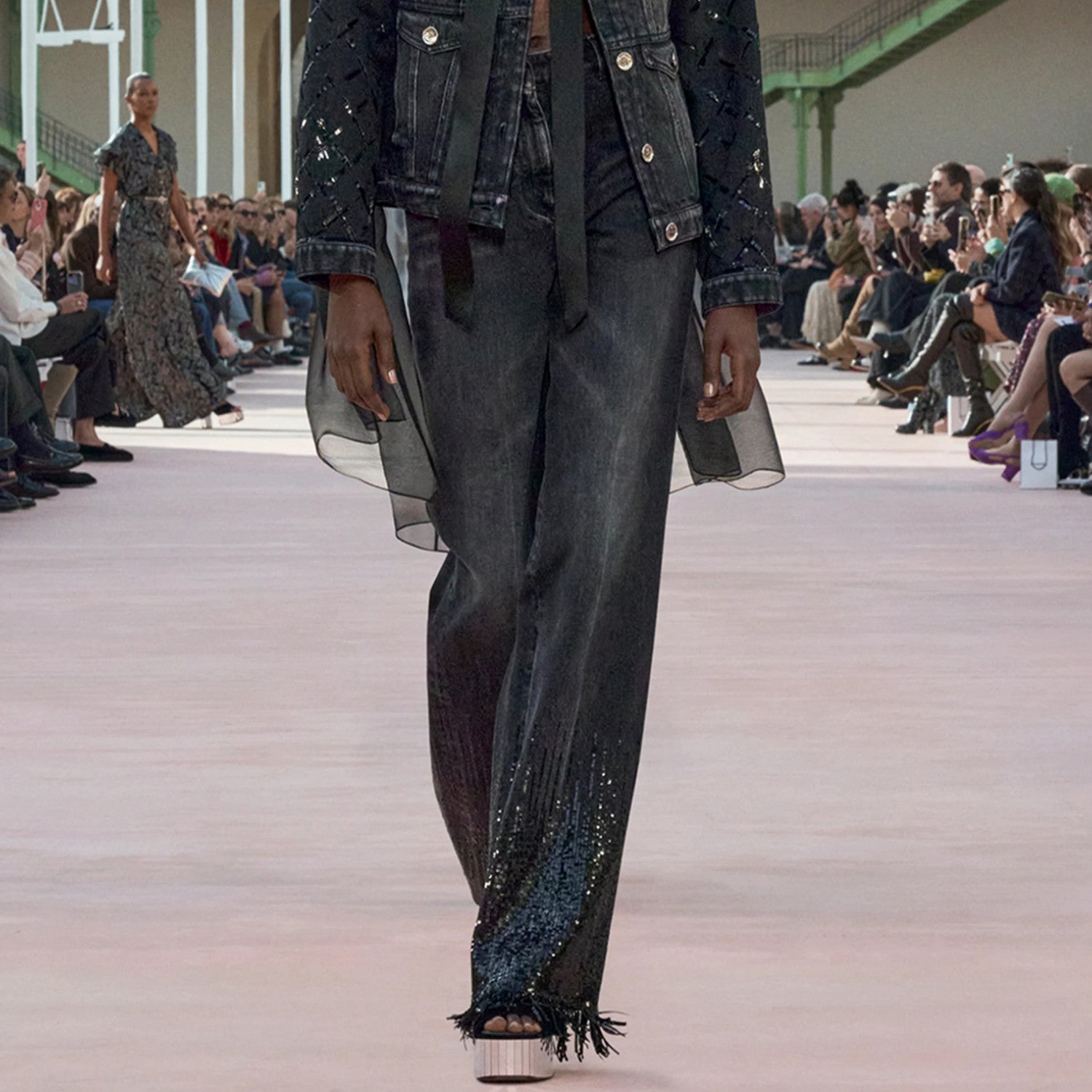 Women's Spring/summer Sequined Fringe Straight-leg Pants Black And White Denim Loose-fit Wide-leg  Long Pants Trousers Ngvp #2169