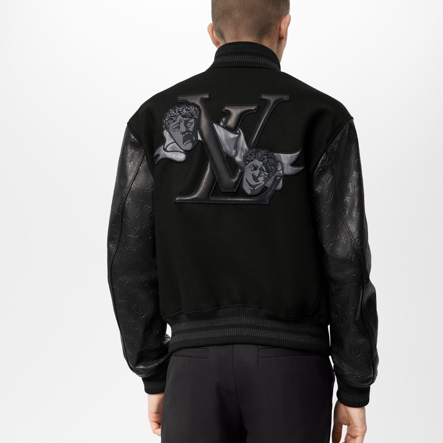 Men's Fall/winter Monogram Embossed Leather Drawstring Jacket Black Abstract Graffiti Logo Jacket Baseball Jersey  #71424