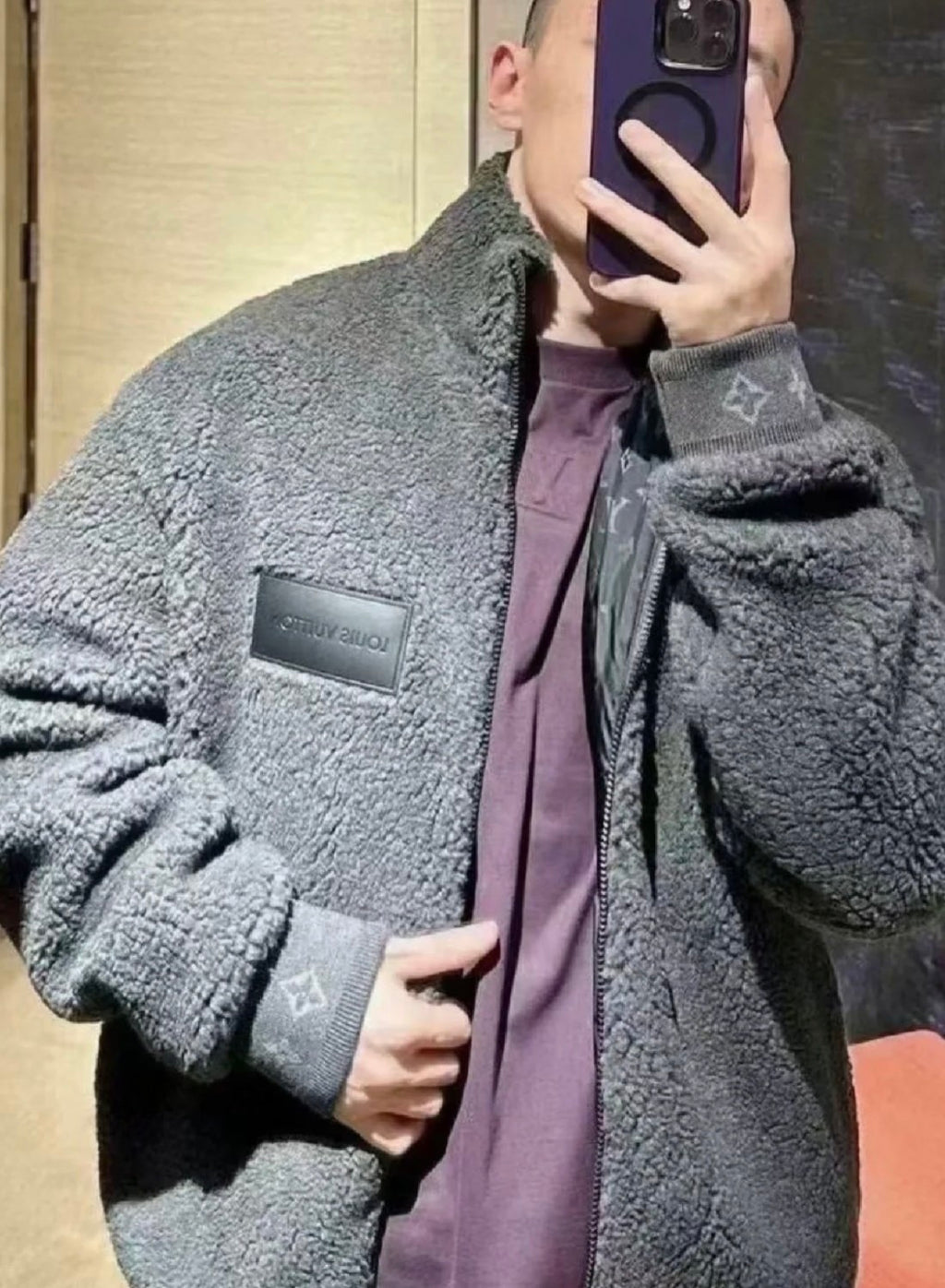 Men's Spring & Autumn Solid Color Logo Jacquard Suede Drawstring Zipper Long Sleeve Jacket #71471