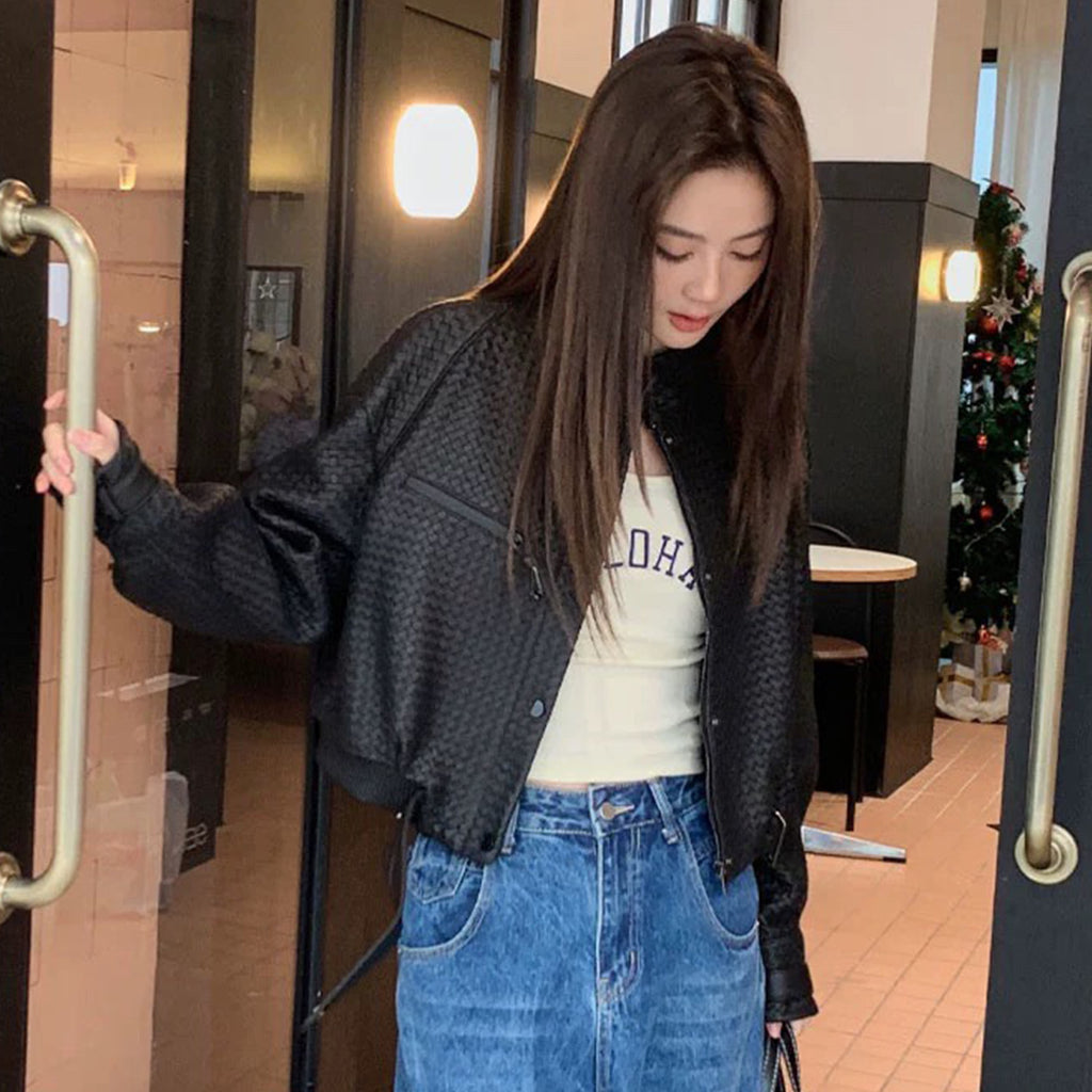 Women's Spring And Autumn Luxury Solid Color Standing Collar Leather Button Braided Sheepskin Biker Leather Coat Jacket Ngvp #8241