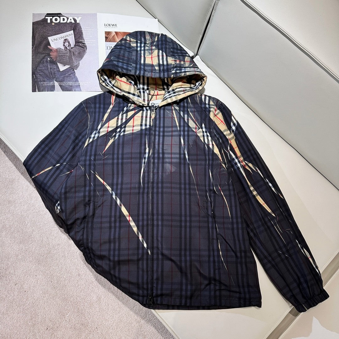 Men's Spring Autumn Slice Checkered Printed Pattern Hooded Zipper Long Sleeve Jacket #72776