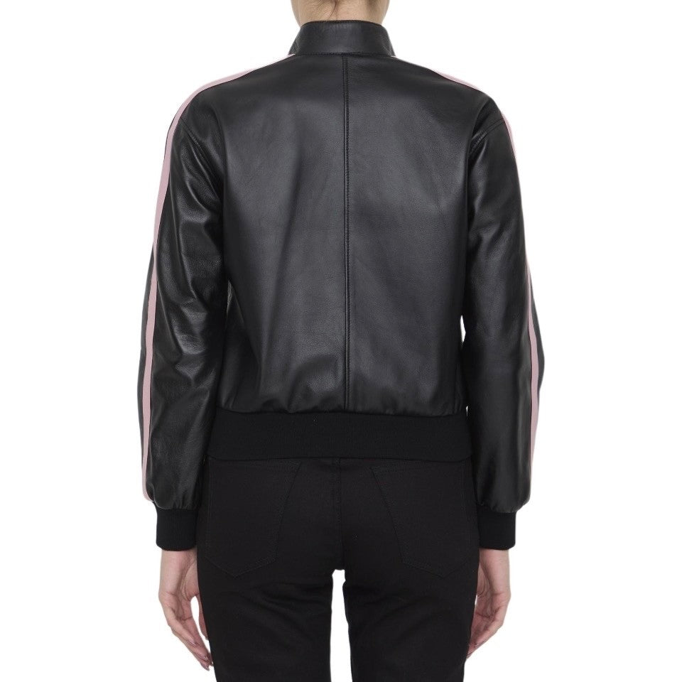 Women's Spring and Autumn Alphabet Logo Printed Striped High Neck Zipper Leather Jacket Elastic Low Waist Pants Suit Set #72526