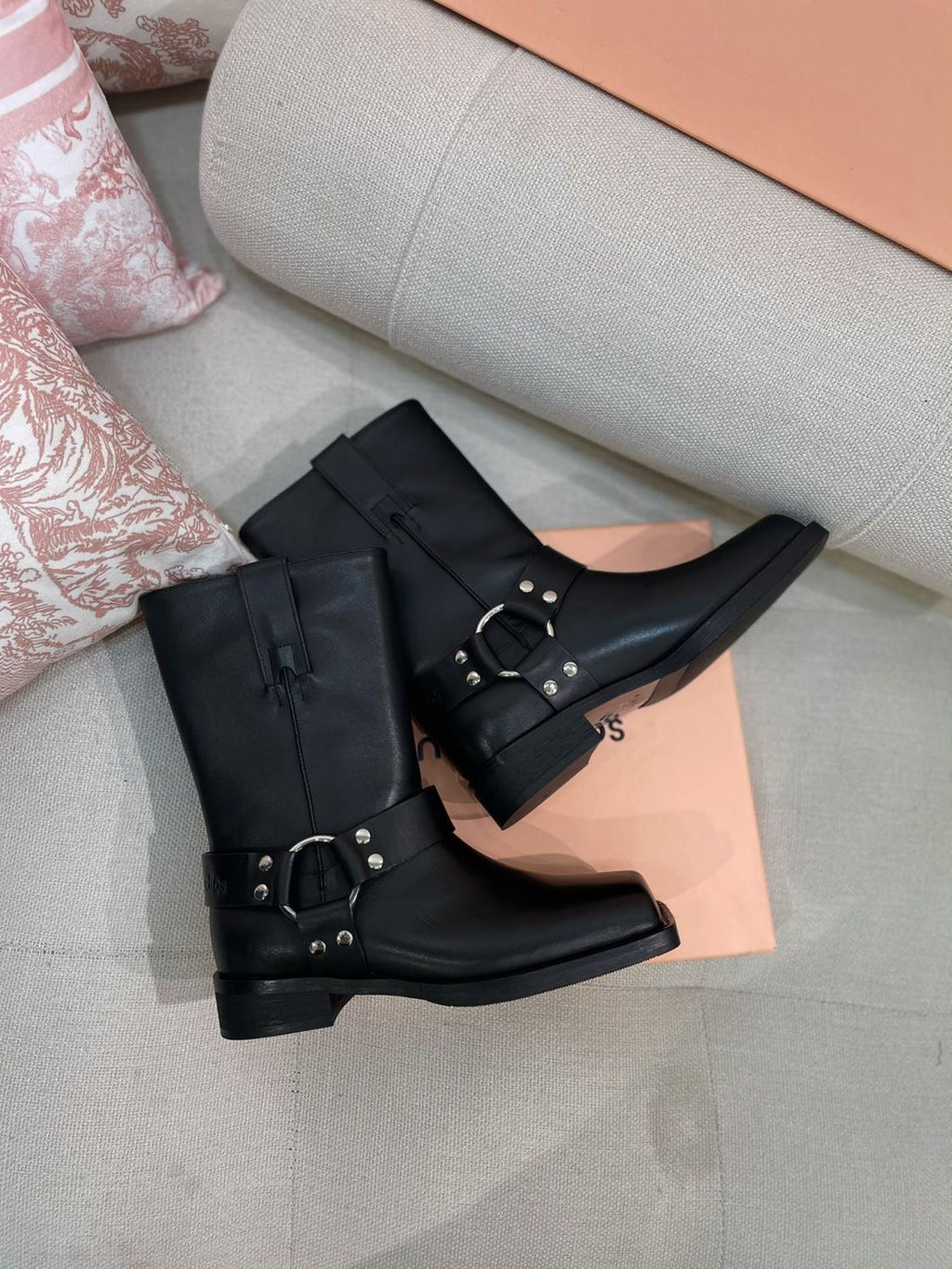 Acne Studios Women's Fashion Overlay Leather Buckle Boots Solid Color Casual Round Toe Boots Ngvp #9275