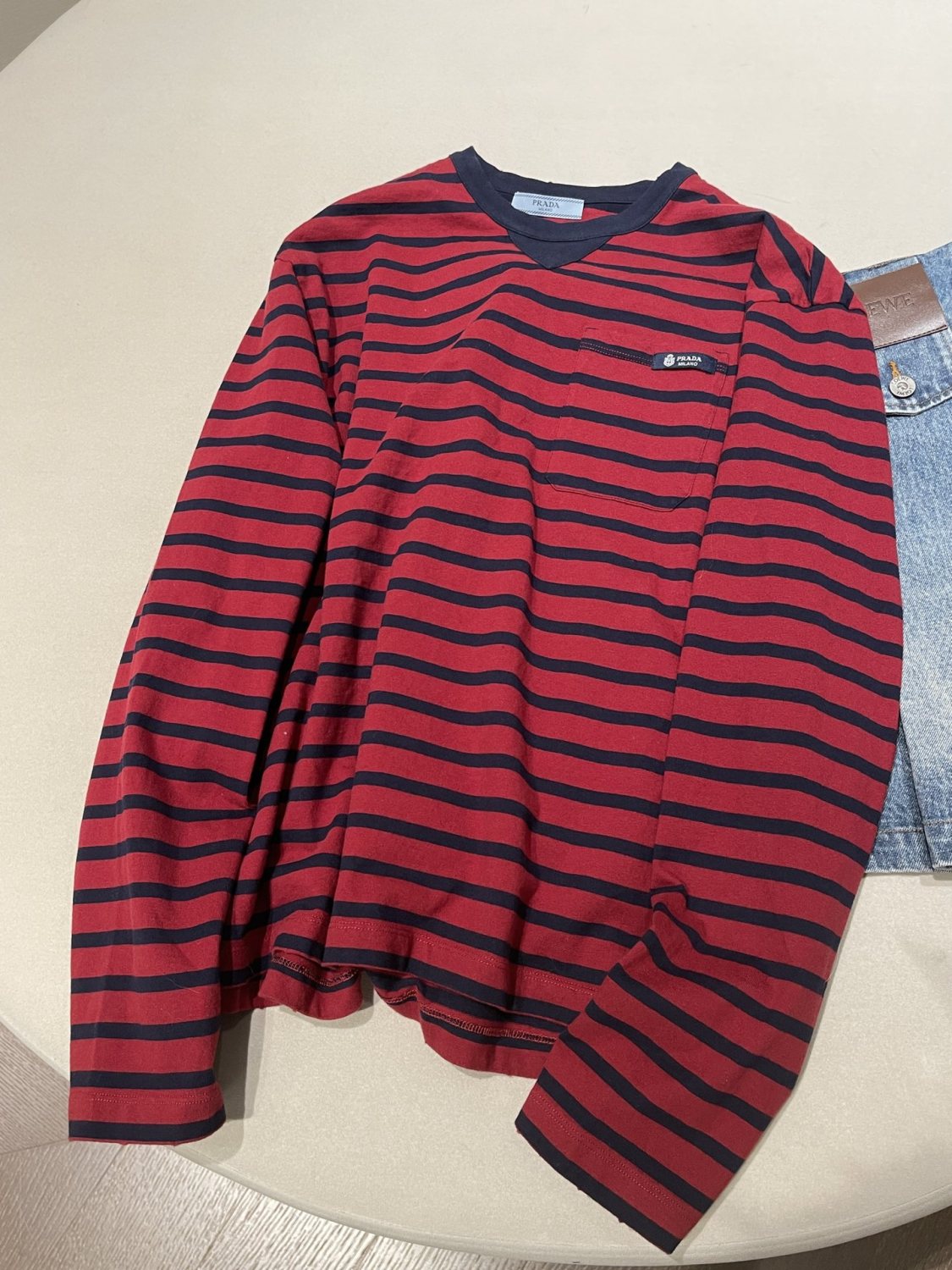 Women's Autumn/Winter 2025 Red and blue stripes Pure cotton long-sleeved T-shirt Sweatshirt #194159