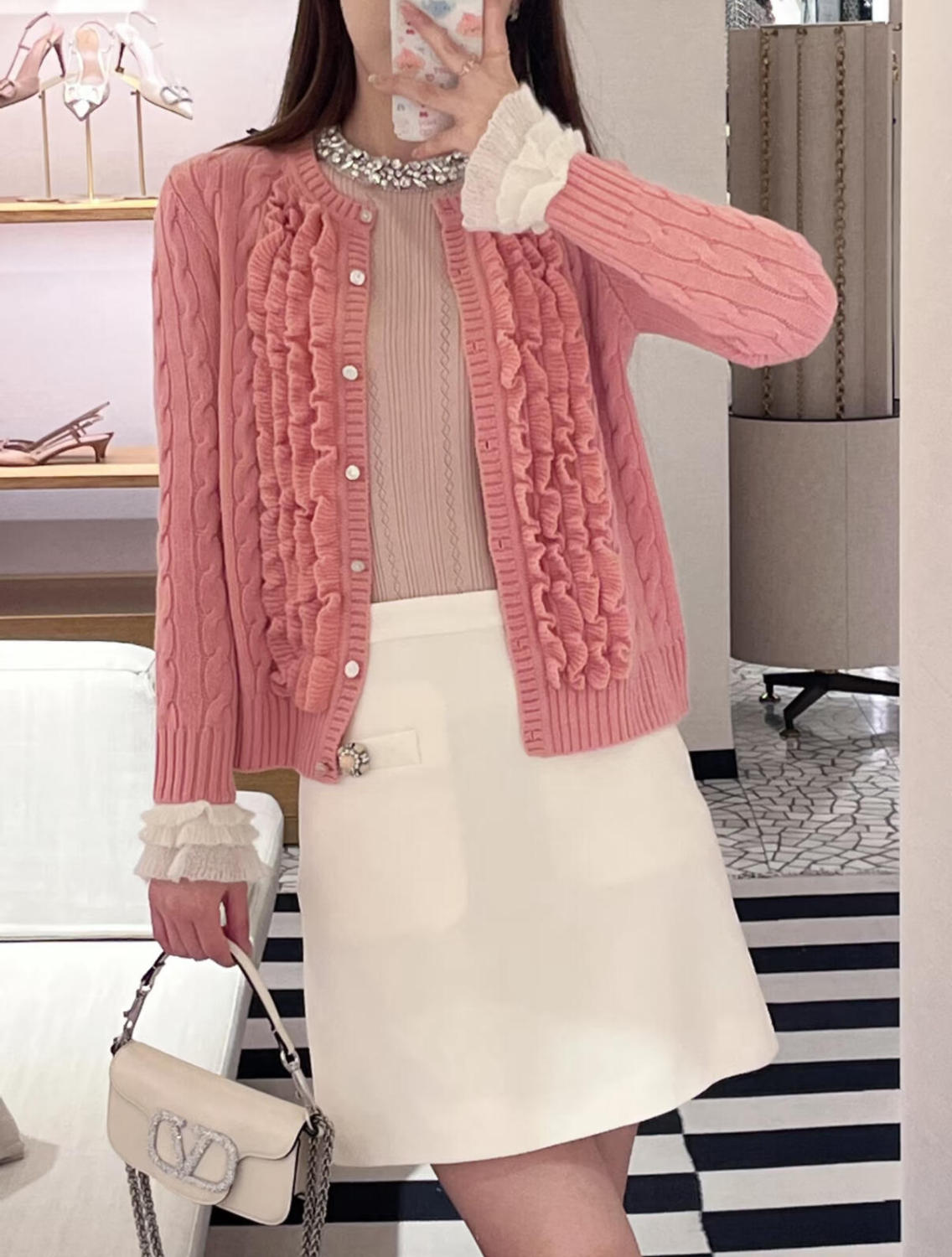 Women's Spring. Autumn And Winter V-Neck Ruffled Solid Color Knitted Sweater Long-Sleeved Cardigan Ngvp #1256