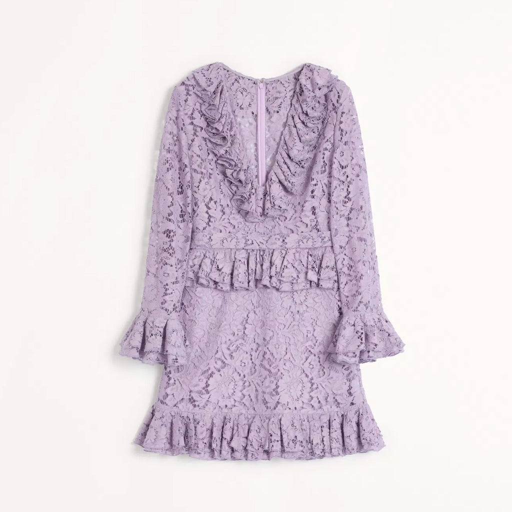 Women's Spring And Autumn Heavy Lace V-Neck Solid Color Fit Short Long Sleeve Dresses Ngvp #9732