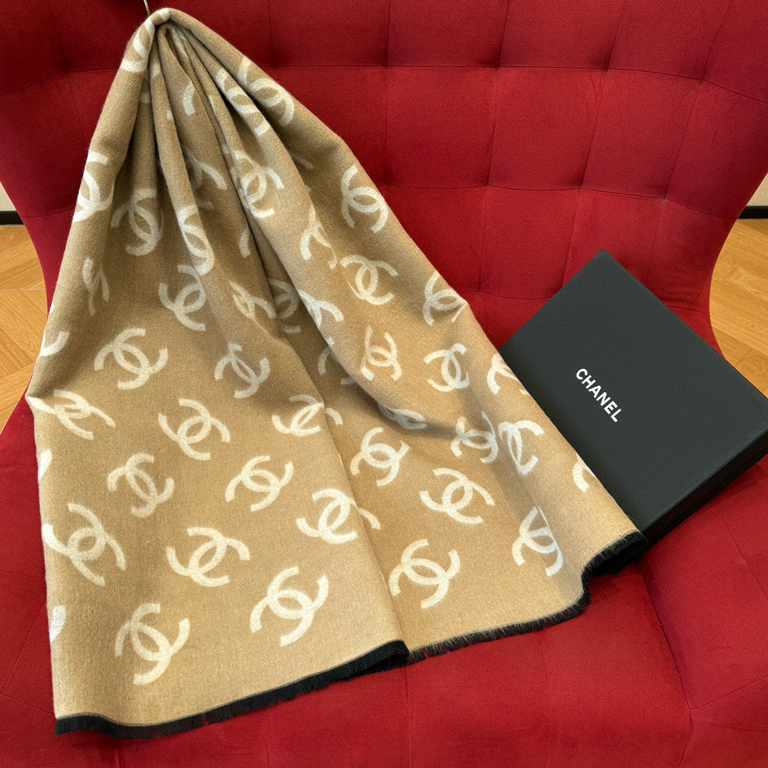 25B all-over logo print 95% Merino wool 5% Mulberry silk Double-sided large shawl Scarf Accessories #82514A