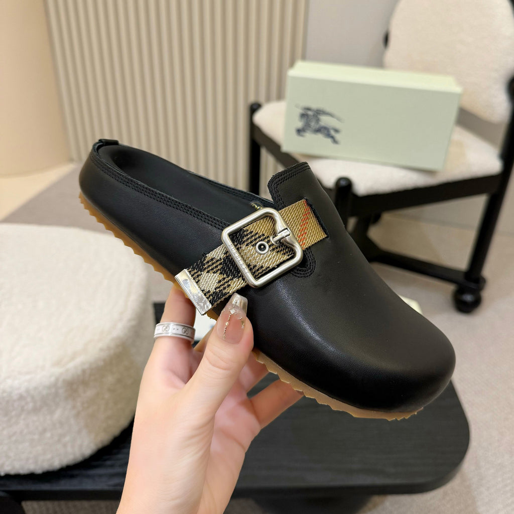 Burberry Urchin Men's And Women's Spring And Summer Solid Color Cowhide Leather Round Toe Slip-on Casual Slippers Sandals Shoes #77913