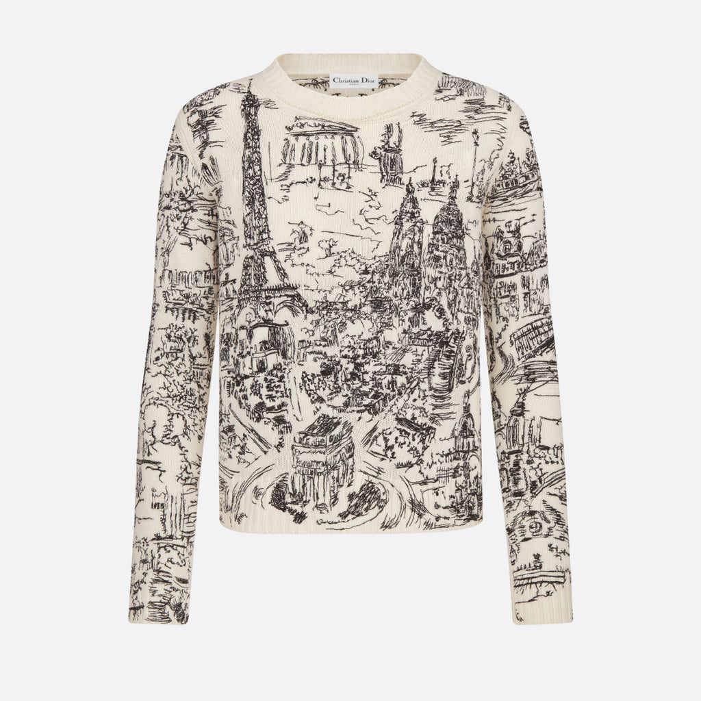 Women's Spring And Autumn Paris Lines Hand-painted Style Embroidered Wool Knit Crew Neck Sweater Ngvp #8733