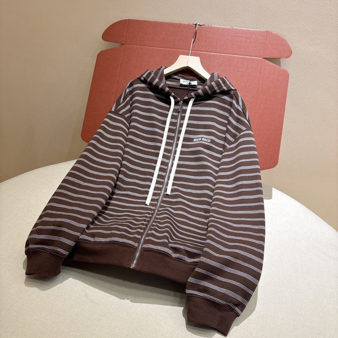 Women's Autumn/winter Brown Striped Cotton Fleece Hooded Jacket Knit Fashion Drawstring Trendy Casual Zipper Sweatshirt Jacket #82275A