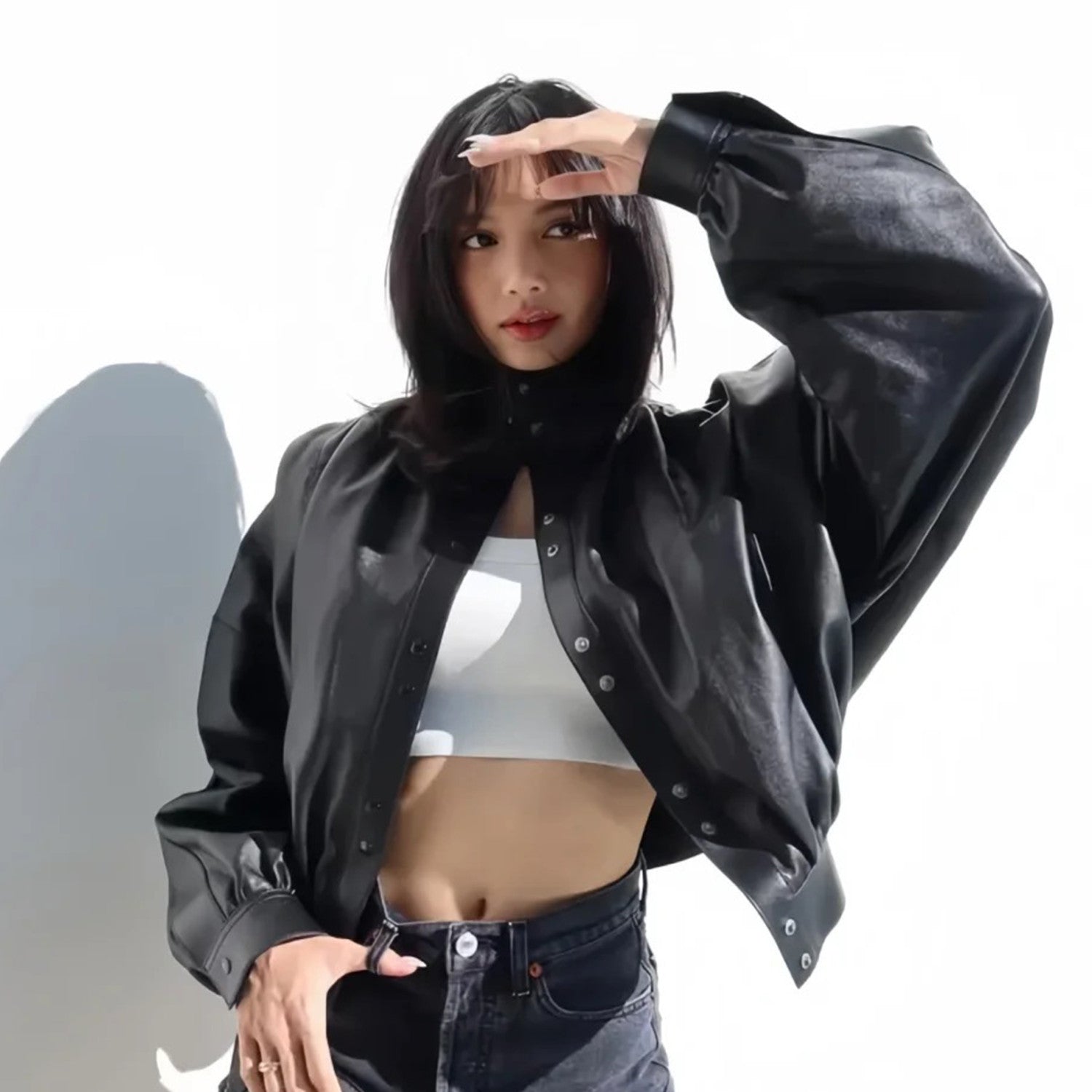 Women's Spring And Autumn Collar Pleated Sheepskin Jacket Single-breasted Color Blocking Casual Fashion Jacket Ngvp #8698