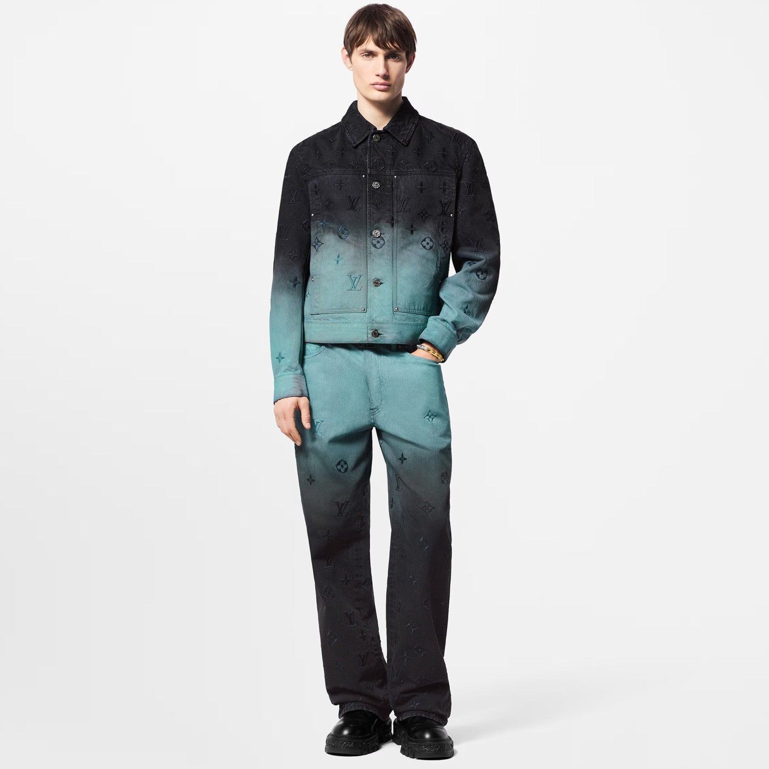 Men's Fall and Winter Logo Embroidery Gradient Single Breasted Long Sleeve Denim Jacket #72862