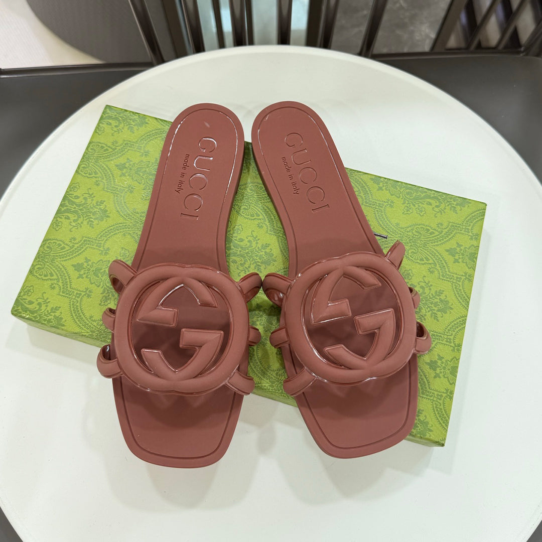 GG  Women's Summer Double G Hollow out Square Head Flat Slippers Solid Color Casual Shoes #81341