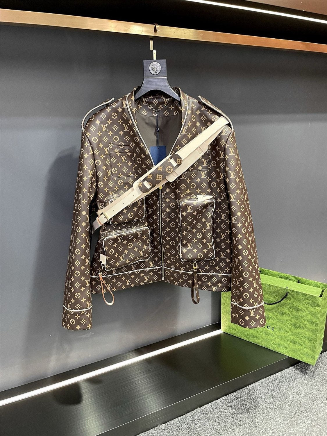 2025 FallWinter Men's Classic Monogram Tactical Leather Jacket with Three Detachable Straps #83127A