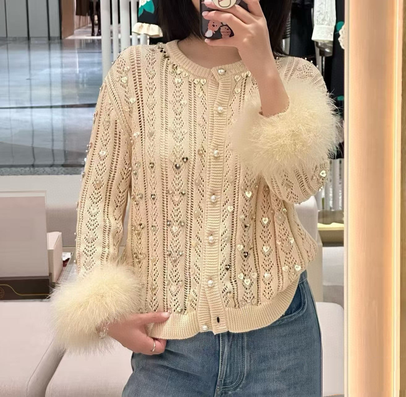 Women's Fall/Winter Beaded Solid-Color Embroidered Feather-Sleeve Crew Neck Single-bleated Button Knit Cardigan Ngvp #2381