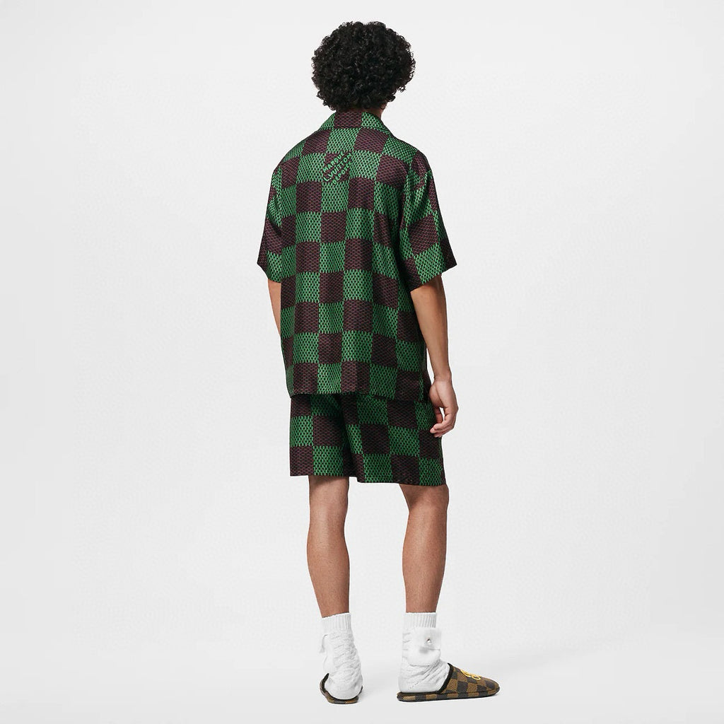 Men's Summer Green Checkerboard Logo Pattern Single Breasted Loose Short Sleeved Shirt High Waisted Elastic Leisure Shorts Pants Sei Suit #98616