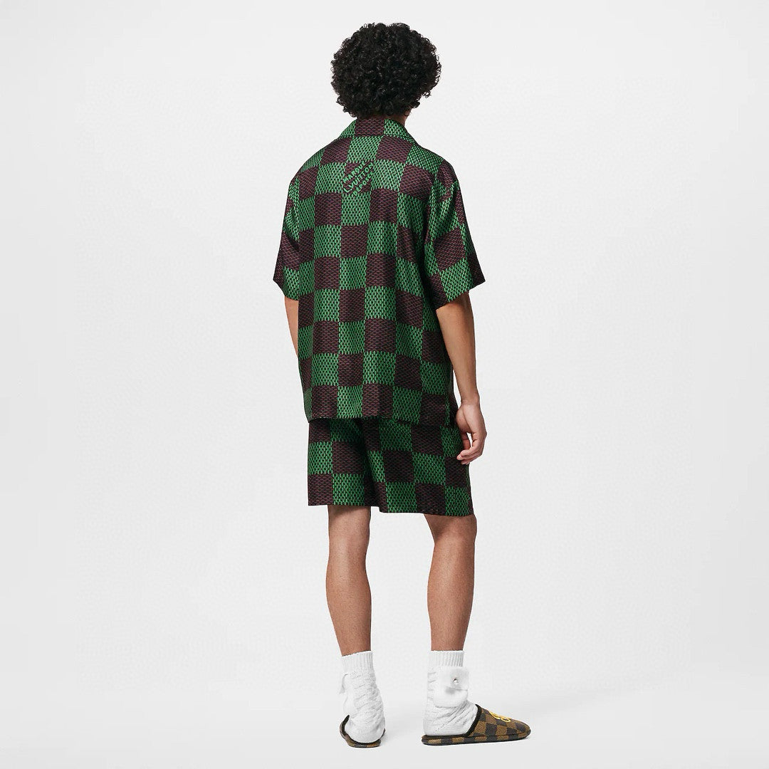 Men's Summer Green Checkerboard Logo Pattern Single Breasted Loose Short Sleeved Shirt High Waisted Elastic Leisure Shorts Pants Sei Suit #98616