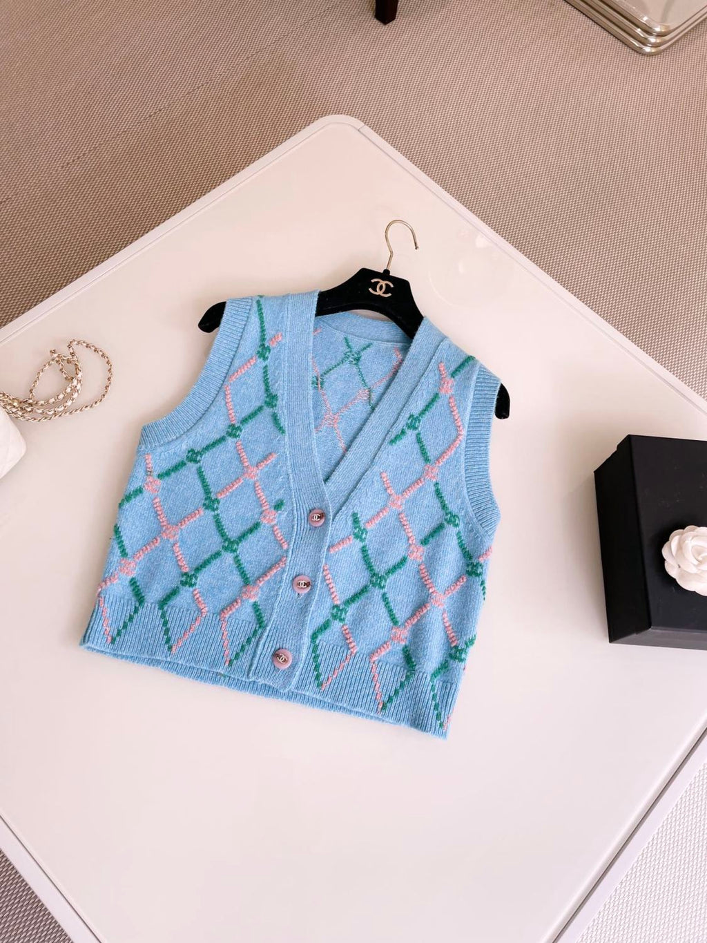 Women's Spring and Autumn Plaid Cashmere Crochet Two-color Knit Single-breasted Vest Jacket #73197