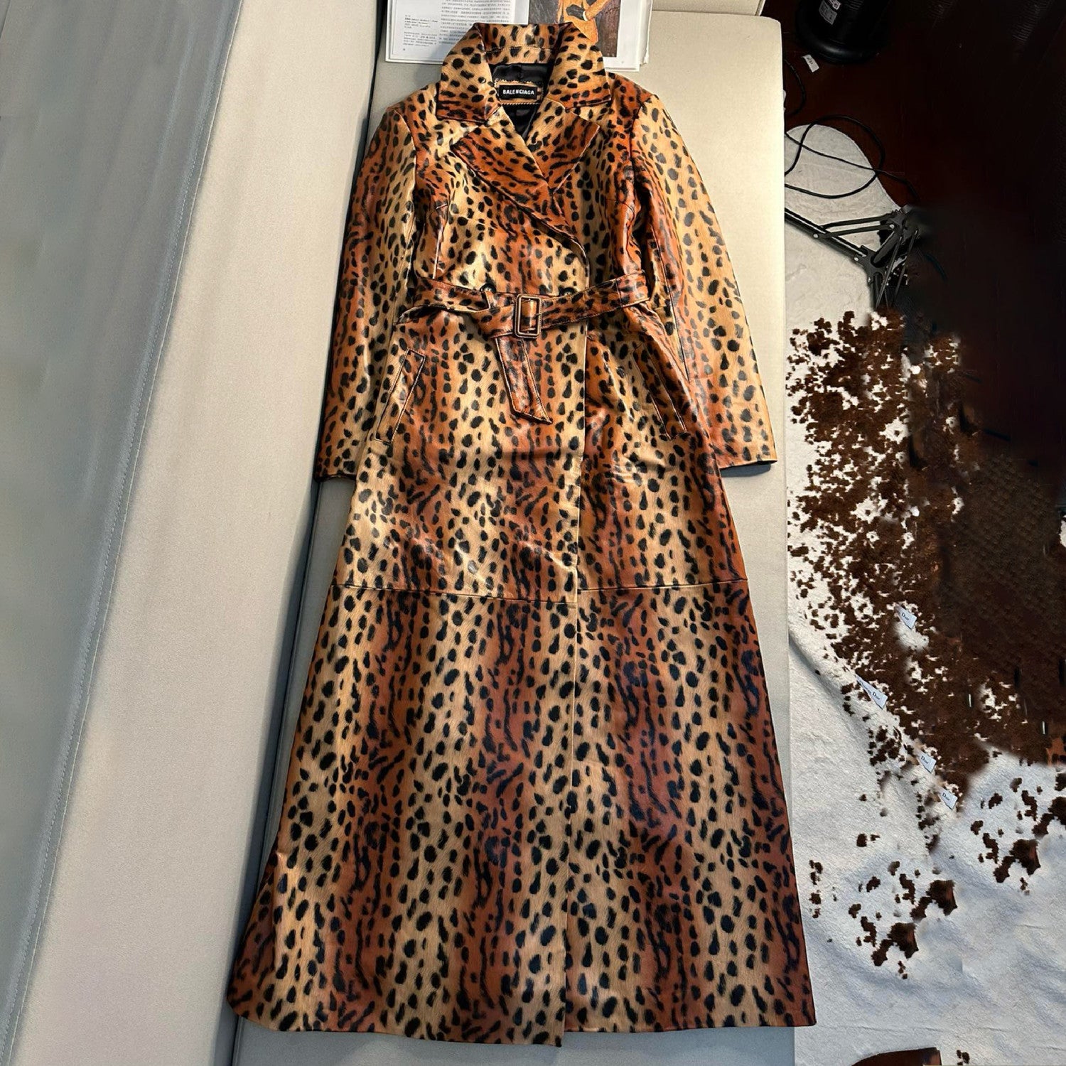 Women's Spring And Fall Fashion Temperament Leopard Print Sheepskin Long Trench Coat Lapel Belt Luxury Jacket Ngvp #8117