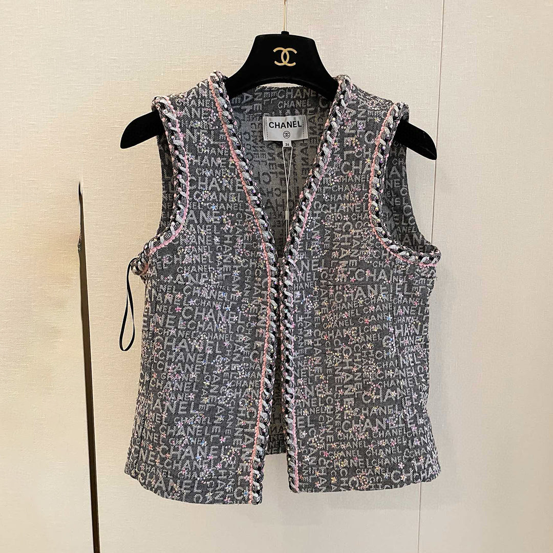 Women's Spring and Autumn Solid Color Full Diamond Flower Logo Embroidery Sleeveless Fitted Denim Vest #71433