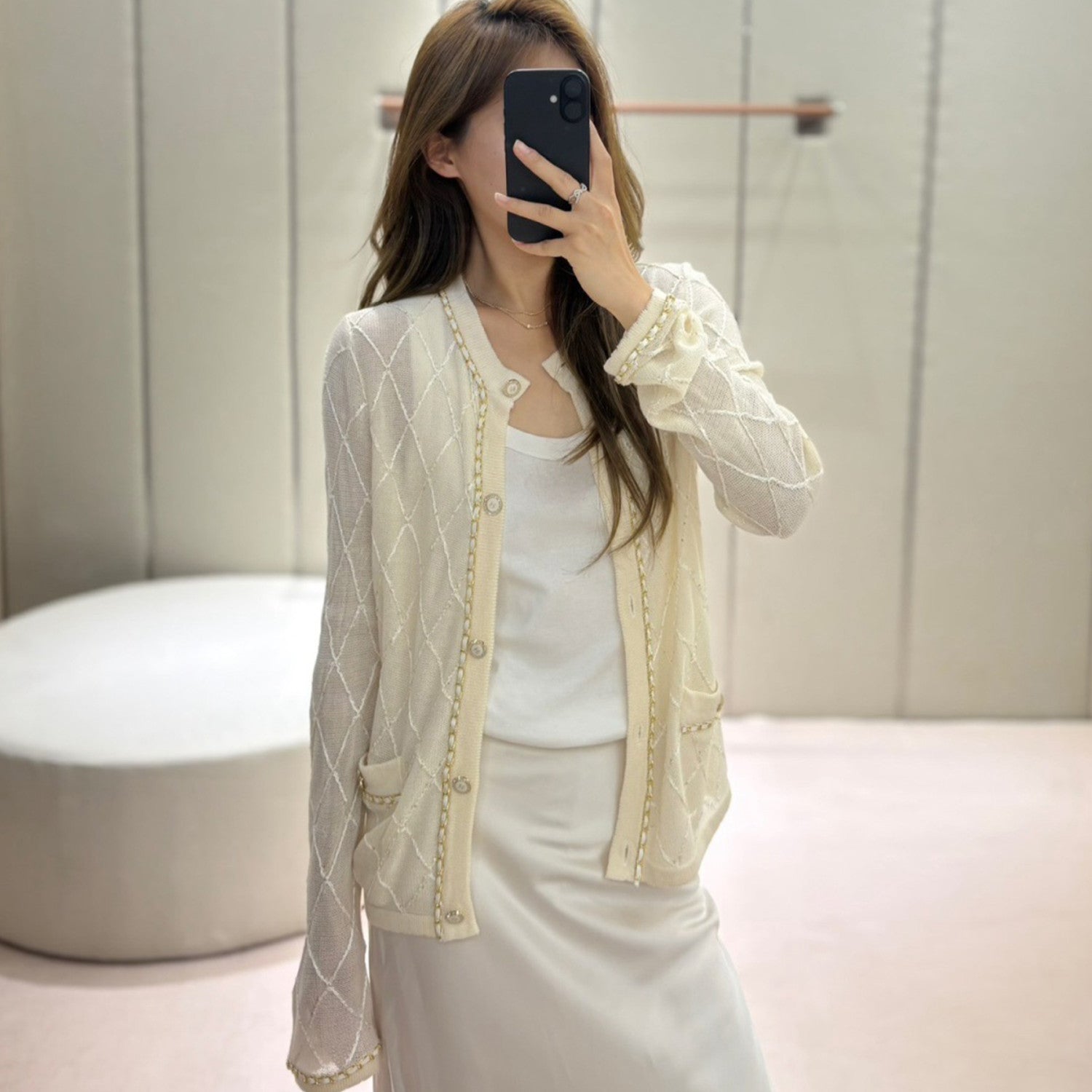Women's Spring/autumn Black And White Double C Series Fashionable Elegant Delicate Cardigan Gold Line Single-breasted Knitted Sweater Ngvp #2242