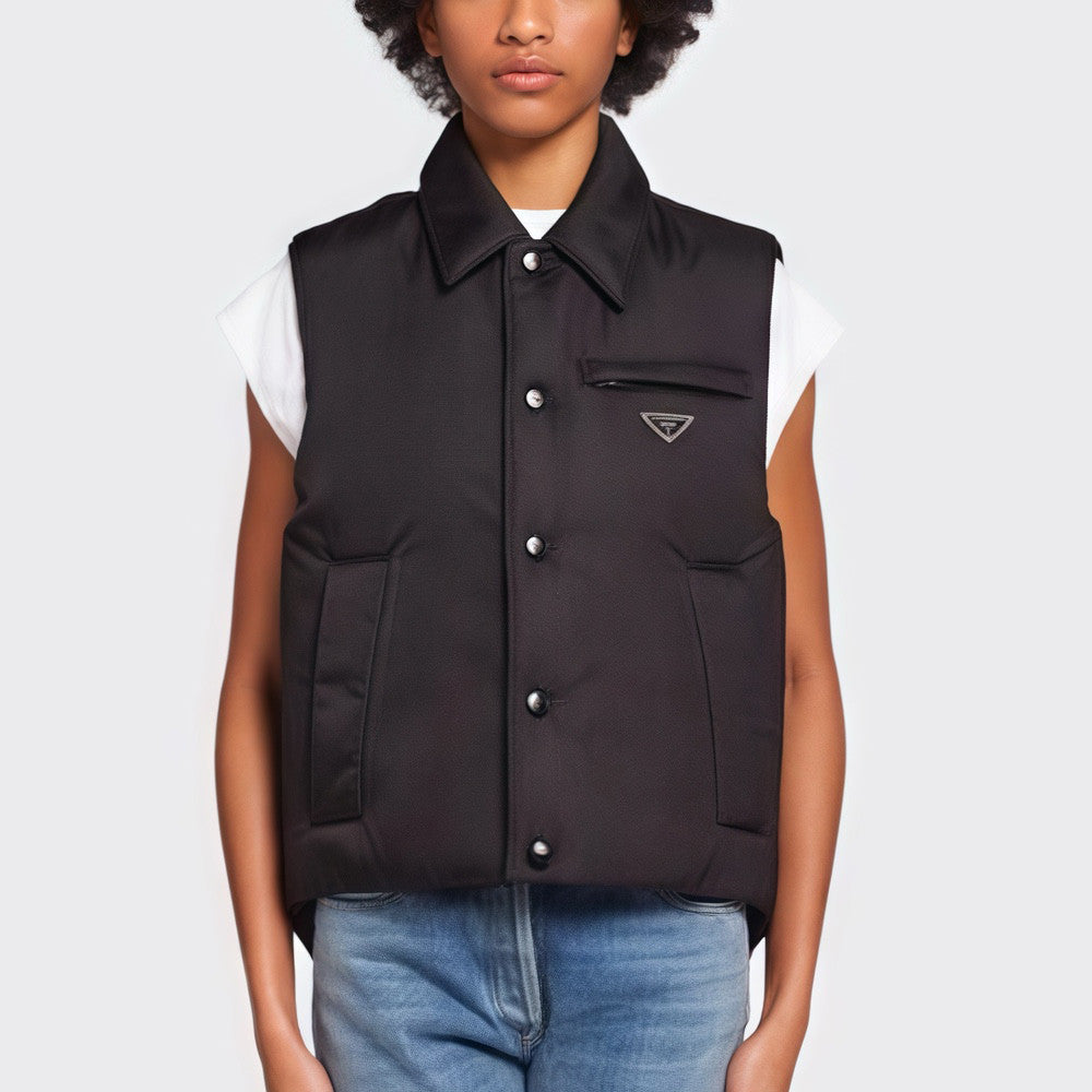 Women's Spring and Autumn Black Logo Label Sleeveless Nylon Single Breasted Vest Jacket #72332