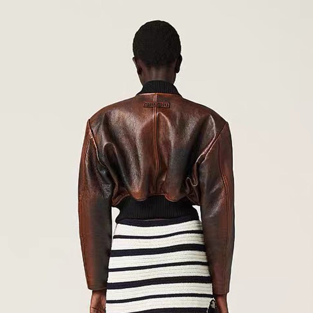 Women's Spring. Autumn And Winter Solid Color Retro Baseball Collar Zipper Short Loose Long-Sleeved Sheepskin Jacket Coat Ngvp #8493