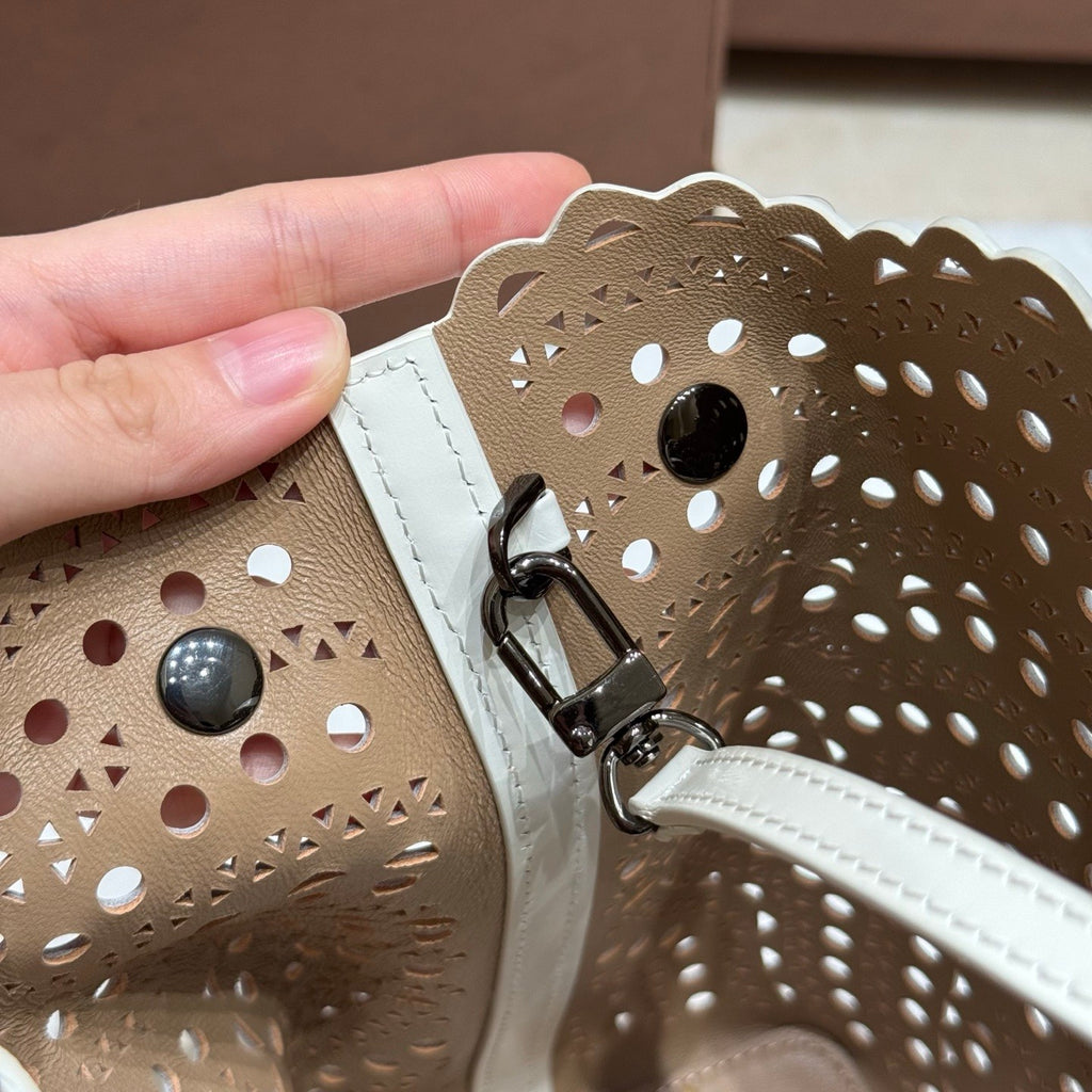 Alaia MINA 20 BAG IN VIENNE WAVE CALFSKIN Women's Solid Color Openwork Design Button Closure Wave Calfskin Shoulder Bag Handbag Bags #77381