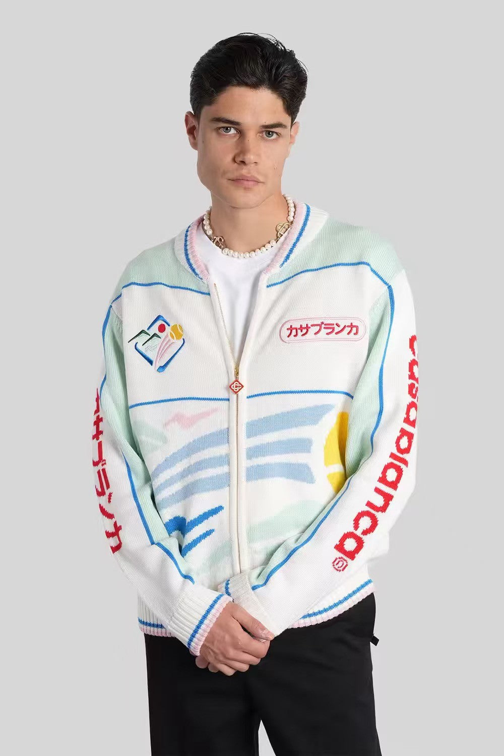 Men's Fall/Winter Abstract Pattern Logo Jacquard Knit Zipper Sweater Fashionable Straight V-Neck Knit Cardigan Jacket #193320