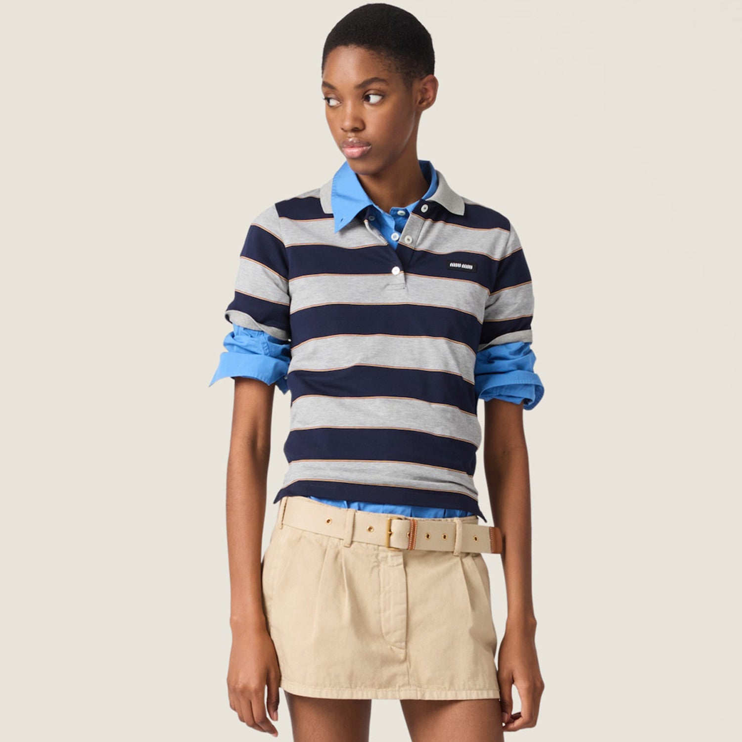 Women's Spring/Summer Striped Collar Button-Up Short-Sleeve 100% Cotton Casual Fashion Straight-Fit Versatile Preppy T-Shirt #194170