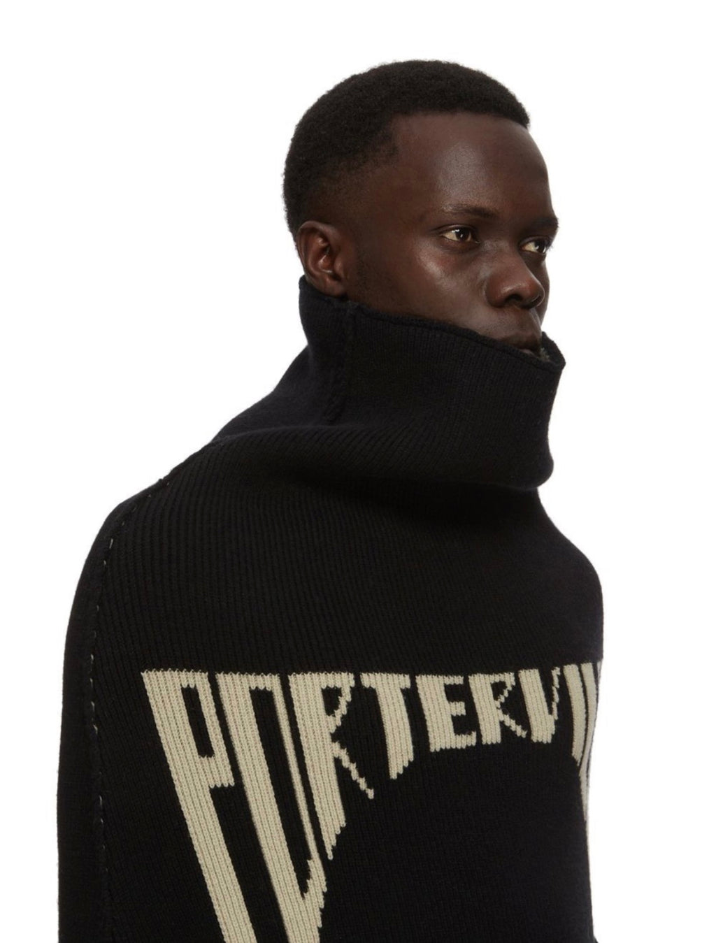 Rick Owens Men's High Neck Letters Jacquard Knit Large Silhouette Casual Long Sleeve Black Sweater For Fall And Winter Ngvp #9431