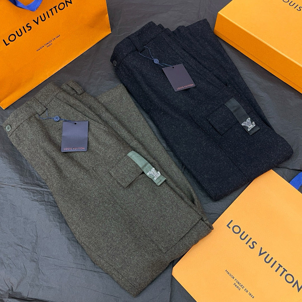 Men's Solid Color Mid Waist Side Pocket Straight Fitting Wool Workwear Pants #98294