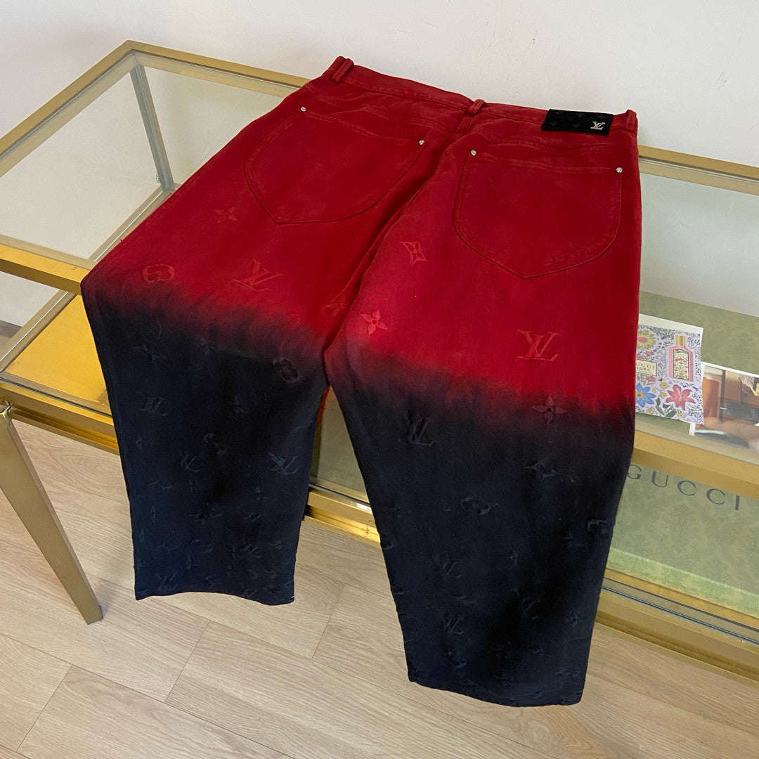 Men's Fall/Winter Black and Red Gradient Embroidered Logo Patterns Straight Leg Jeans Pants #98169