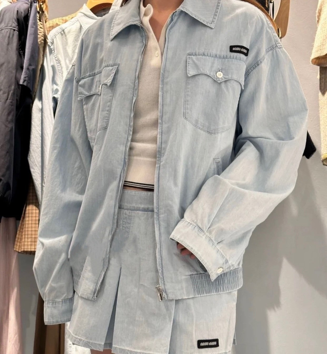 Women's Men's Light Blue Vintage Aged Washed Thin Denim Jacket Lapel Logo Pattern Zipper Shirt Jeans  #71376