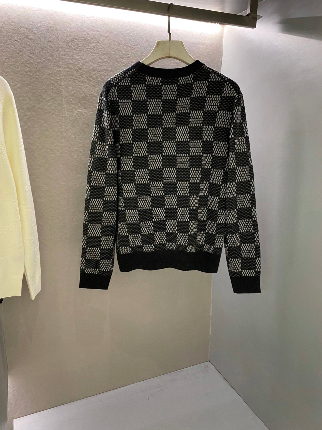 Men's Spring and Autumn Black Checkerboard Print Logo Pattern Round Neck Long Sleeve Sweater #73594