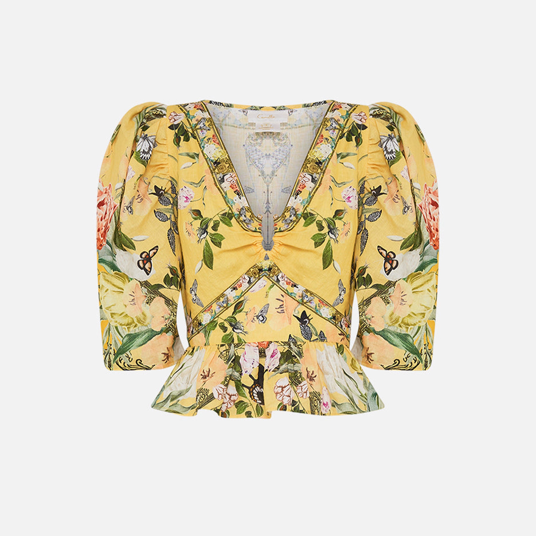 Camilla Women's Summer Printed V-neck Rhinestone Decoration Linen T-Shirt Top Loose Long Sleeve Casual Shorts Suit Set Ngvp #8875