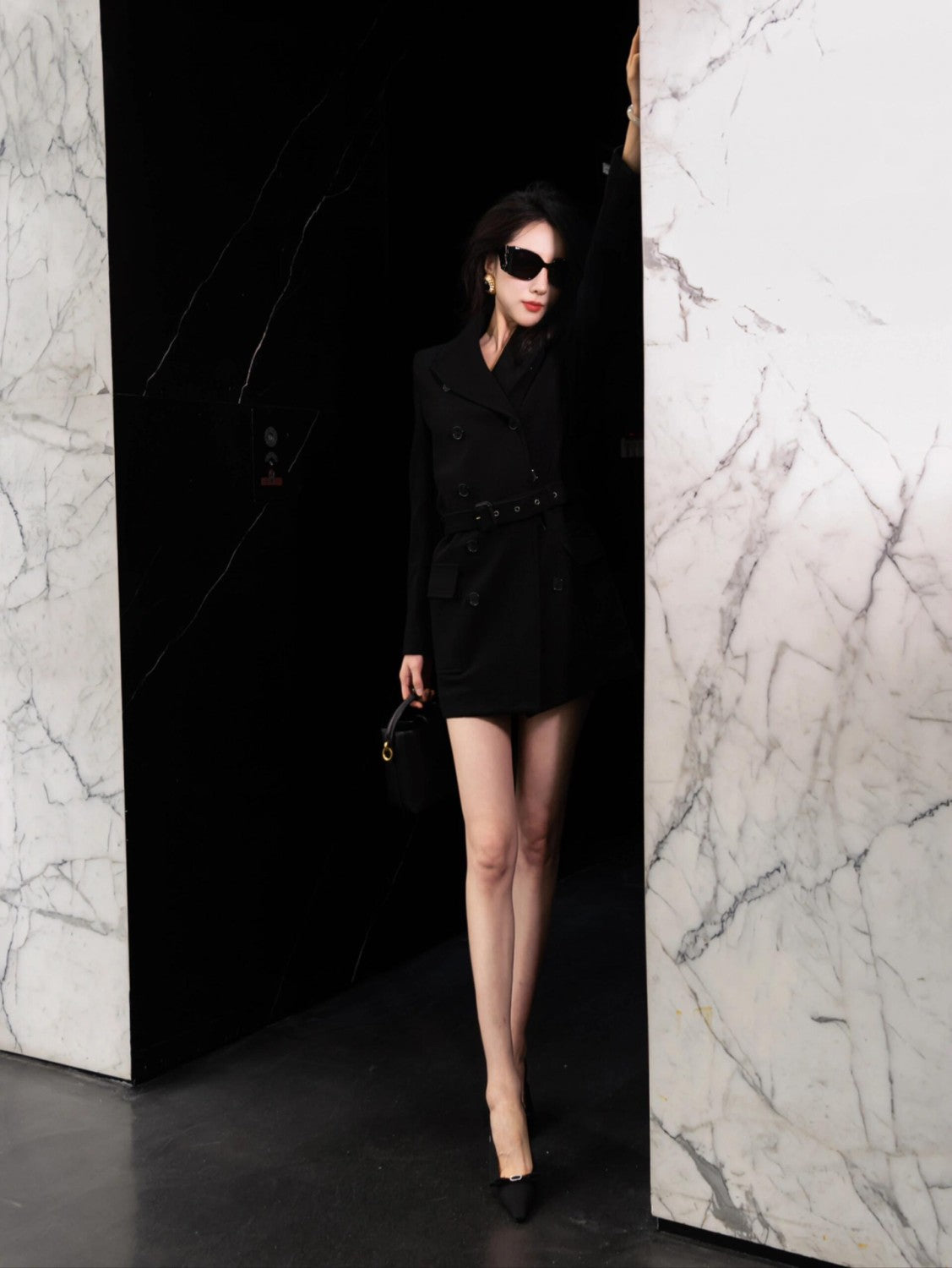 Women's Spring. Autumn And Winter Double-Breasted Belt Solid Color Wool Short Black Dress Long-Sleeved Straight Coat Ngvp #9399