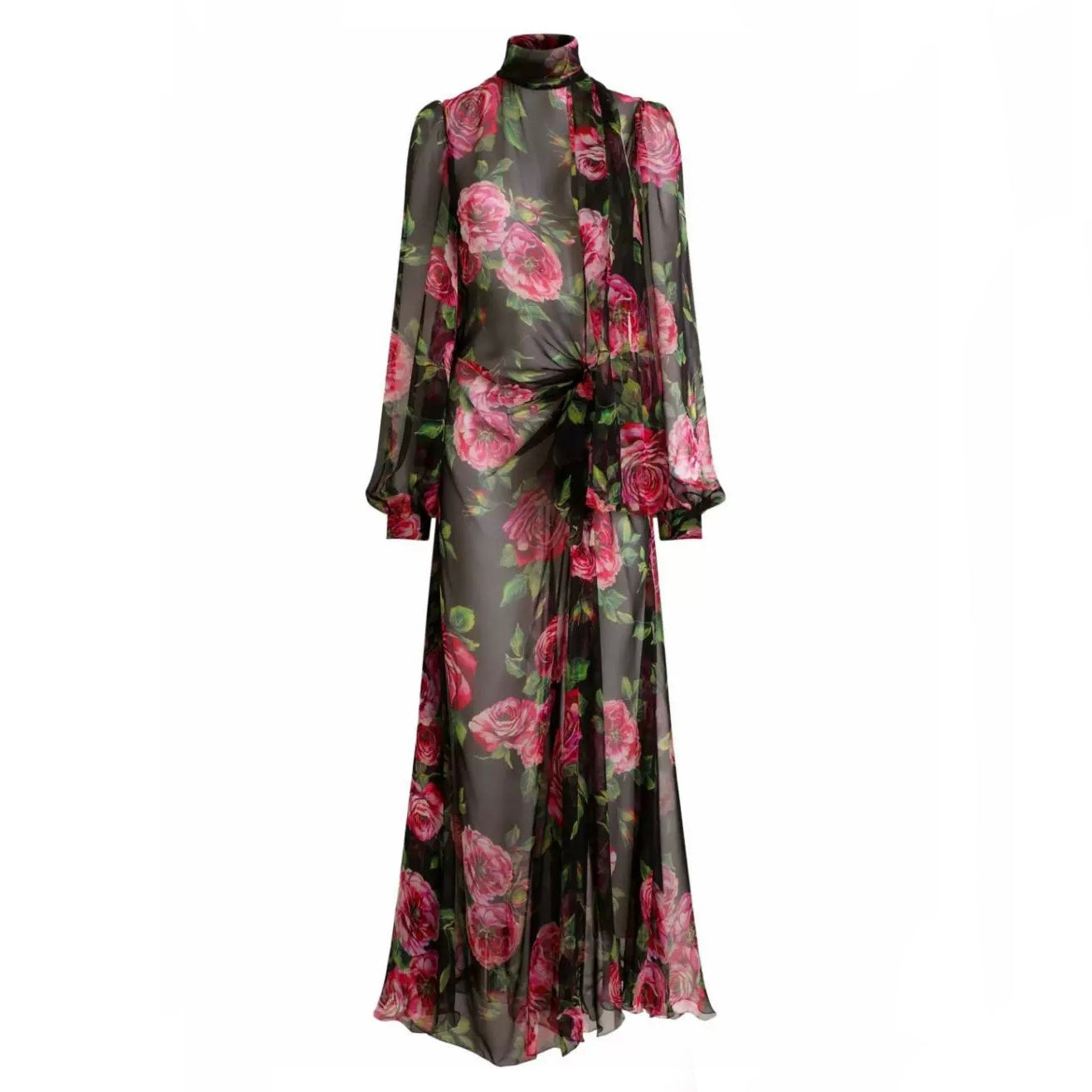 Women's Summer Floral Printed Half High Neck Tie Mid-Length Silk Long Sleeve Dresses Ngvp #9996