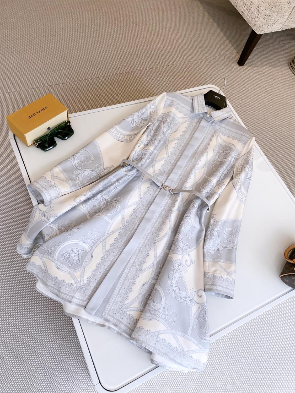 Versace Women's Summer Flip Ancient Greek Floral Pattern Long Sleeve Tunic Silk Dress #75227