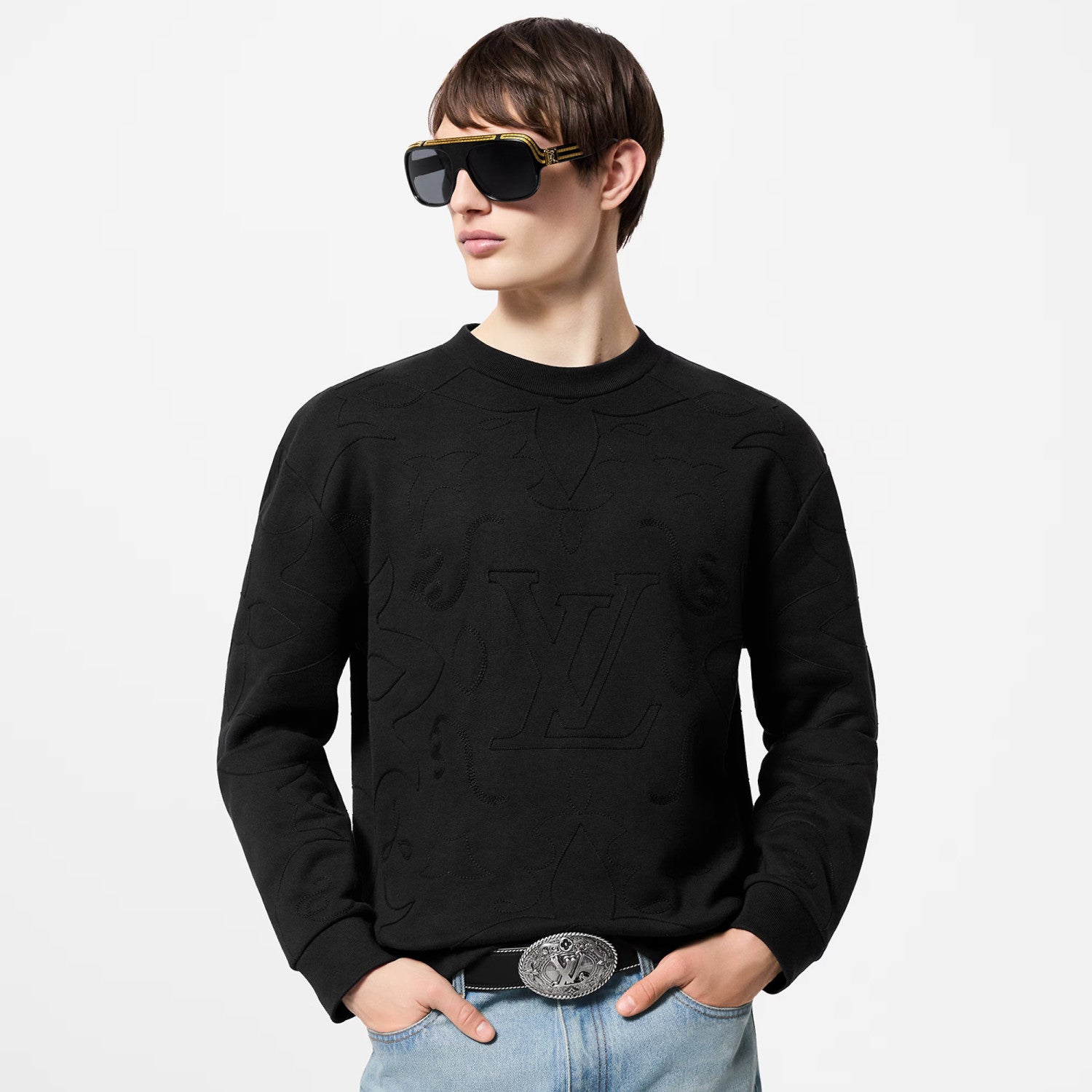 Men's Spring and Fall Black Embroidered Logo Printed Crew Neck Cotton Sweatshirt Pullover #72949
