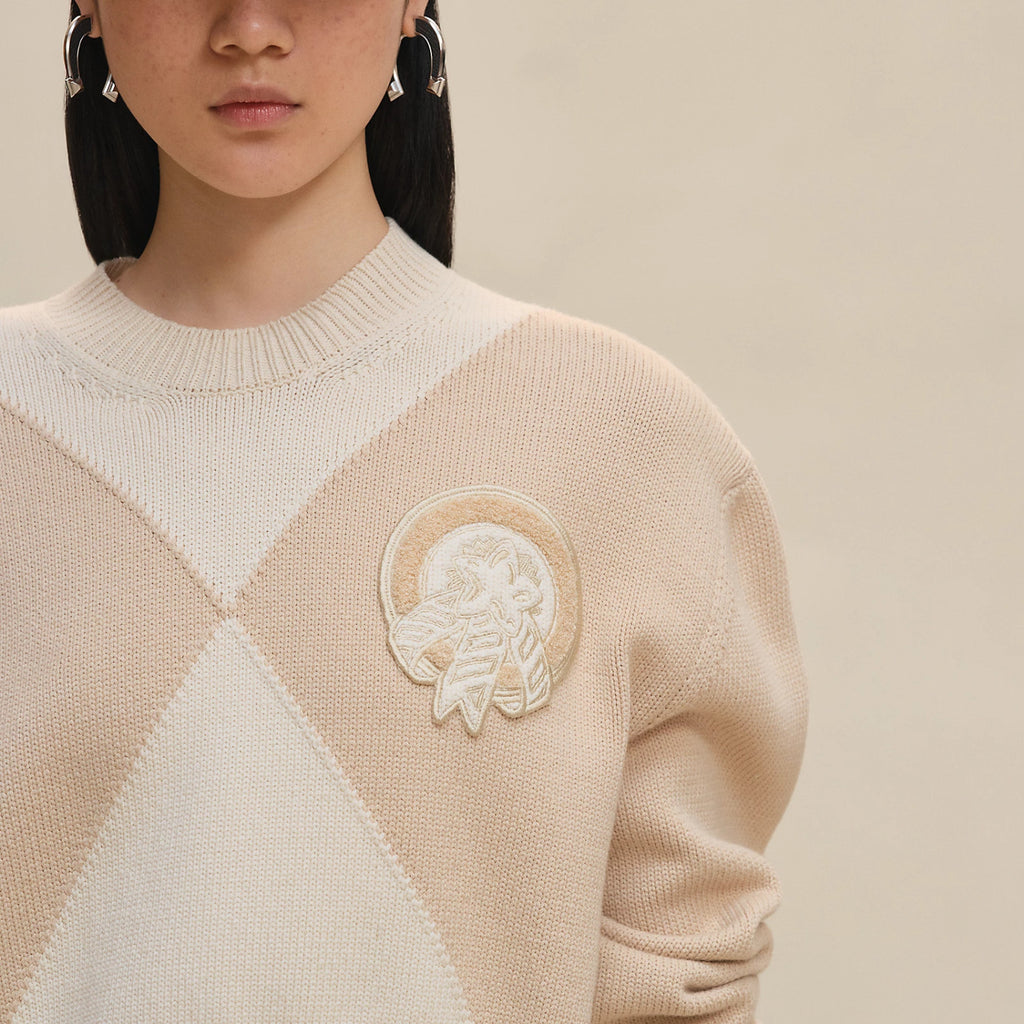 Women's Badge Embroidered Spring. Autumn. And Winter Color-Blocked Round Neck Knitted Cotton Long Sleeve Sweater Ngvp #2134