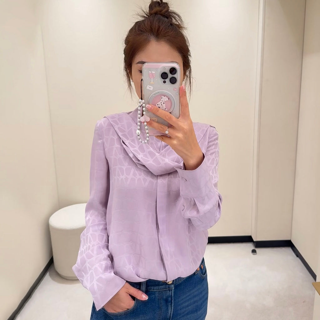 Women's Summer Dark Print Silk Fabric Tie Long Sleeve Shirt #72554