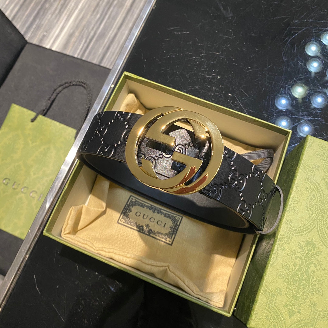 Men's Gold Logo Smooth Buckle Black Leather Thin Belt Width 3.8cm #72694